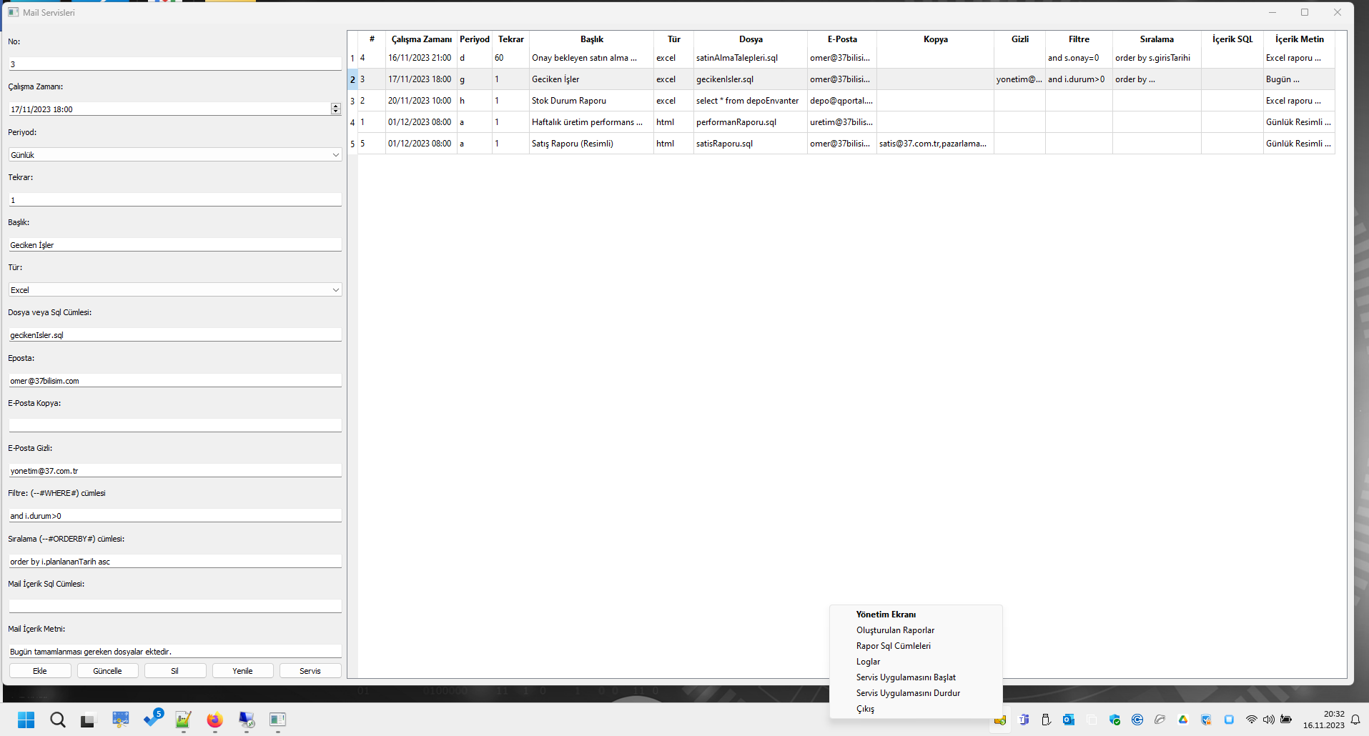 SQL Rapor ve Mail Servisi